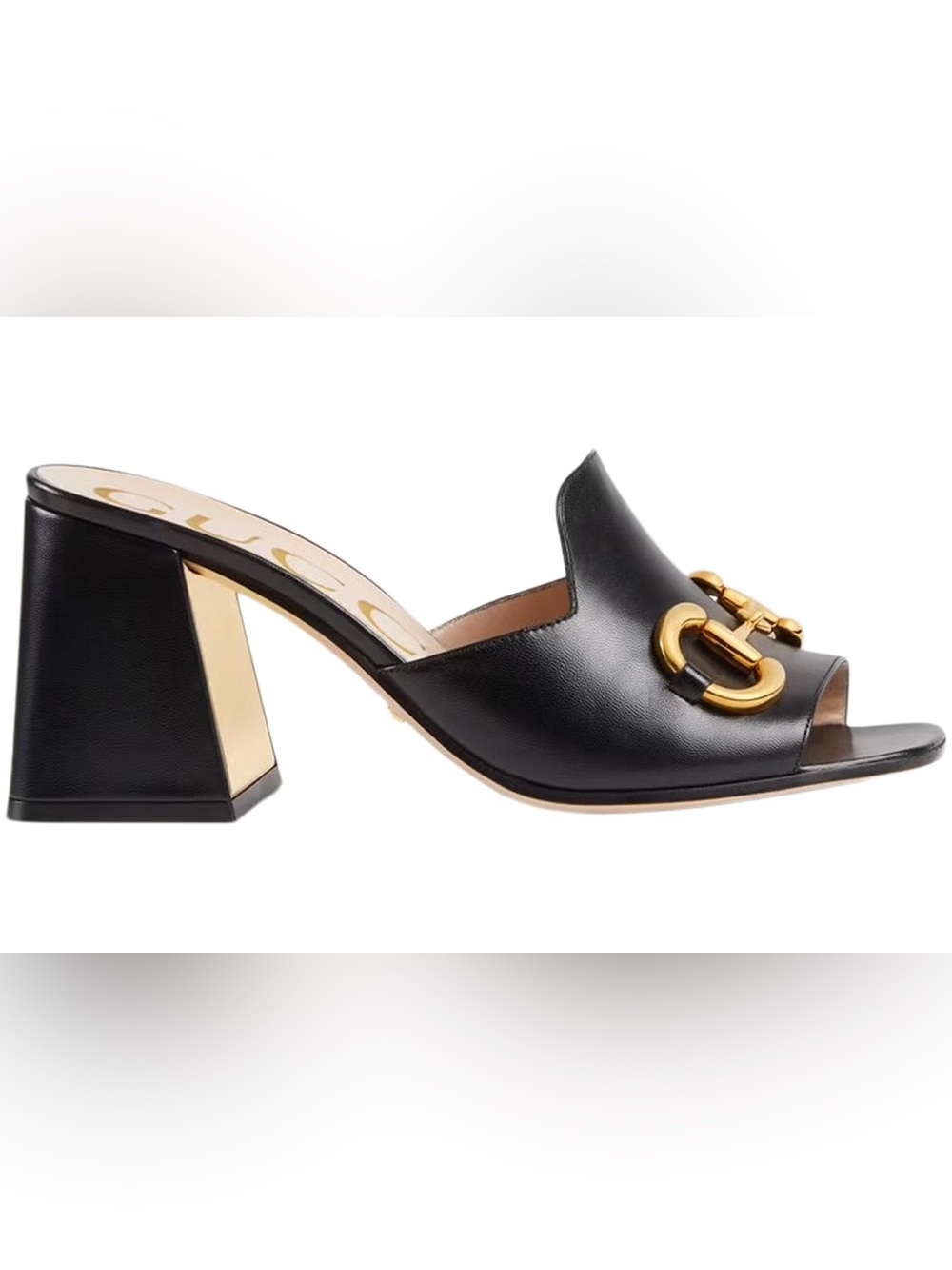 Gucci Black Leather Open-Toe Mules with Gold Horsebit